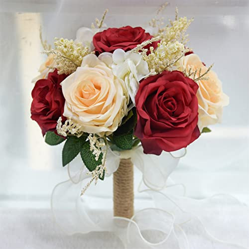 TONZN Braut hält Blumen, künstliche Blumen, Heimdekoration, 25,4 cm, Hochzeitsstrauß, handgefertigter Braut-Hochzeits-Rosen-Wurf-Blumenstrauß, künstlicher Blumenstrauß, rot (rot B)