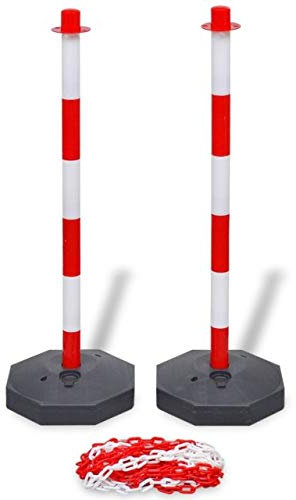 4 Parkplatz Absperrpfosten mit Kette - Absperrung befüllbar 90cm hoch - Schranke mit 30m Hängekette - Leitkegel Begrenzungspfosten aus Plastik