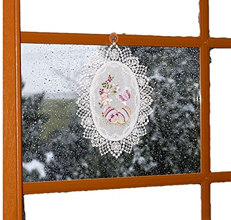 Plauener Spitze Fensterbild Voile Ostern Stickerei Ostereier Schmetterling Lila 20x26 cm + Saugnapf/Made in Germany