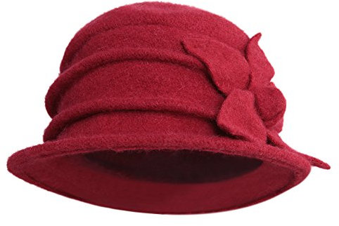 CHIC-CHIC Damen Wannen Hut Elegant Vintage Wintermütze Blumen Trilby Hut Billycock Derby (Rot)