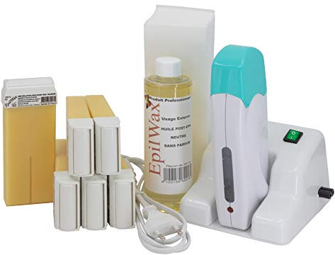 EpilWax Wachswärmer Waxing Set für Enthaarung Haarentfernung mit Aufsteller – Mit 6 Weiße Roll On Wachspatronen, Waxing Gerät, 100 Vliesstreifen und Nachbehandlungsöl