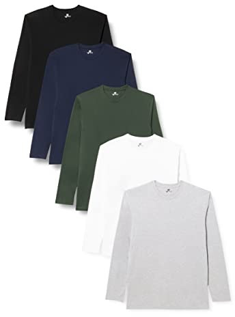Lower East Men's LE133 Long-Sleeved Shirt, Black/Dark Green/Dark Blue/Light Grey Heather/White, M (Pack of 5)