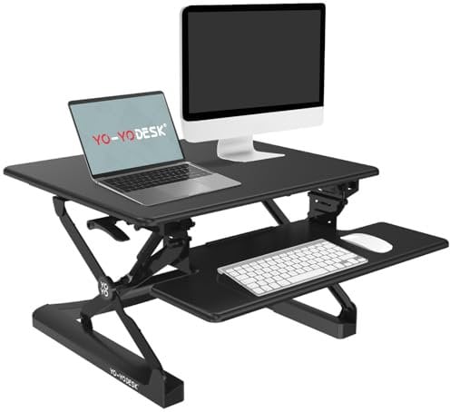 YO-YO DESK 70 Standing Desk Converter - Transform Any Desk Into a Sit-Stand Workstation - Height Adjustable Riser for Single or Dual Monitor - Ergonomic Tabletop with Keyboard Tray, 68cm Wide (Black)