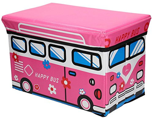 Warenhandel König Faltbare Aufbewahrungsbox mit gepolstertem Deckel zum Verstauen und Sitzen mit fröhlichem Motiv (Happy Bus)