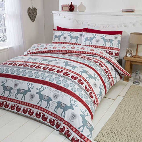 Rapport Home Christmas Hearts Biber-Bettwäsche-Set, 100% gebürstete Baumwolle, Bettbezug und 2 Kissenbezüge, Rot/Mehrfarbig, Baumwolle, Red/Multi-Colour, King Size