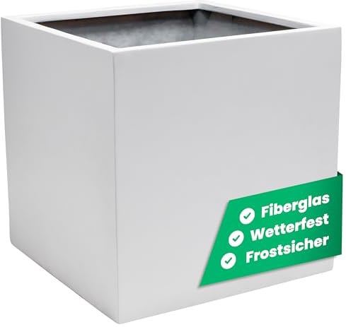 VIVANNO Pflanzkübel Fiberglas Block Frostsicher - 60x60x60 cm - Weiß Matt - Blumenkübel Quadratisch für Draußen und Drinnen