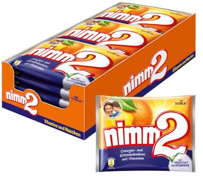 nimm2, Orange- & Zitrone-Fruchtbonbons - 15 x 145 g | Gefüllte Bonbons in 2 fruchtigen Sorten mit Fruchtsaft & Vitaminen, einzeln verpackte Süßigkeit, zum Naschen & Teilen