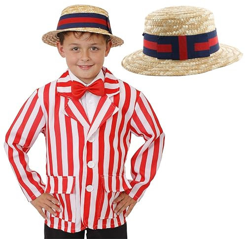 Child's 1920's Barbershop Costume - Medium - Red and White Striped Jacket and Straw Boater Hat - Perfect for World Book Day, Tv and Film Dress Up and Other Fancy Dress Events
