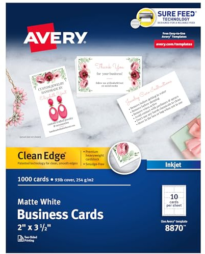 Avery Printable Business Cards, Inkjet Printers, 1,000 Cards, 2 x 3.5, Clean Edge, Heavyweight (8870)