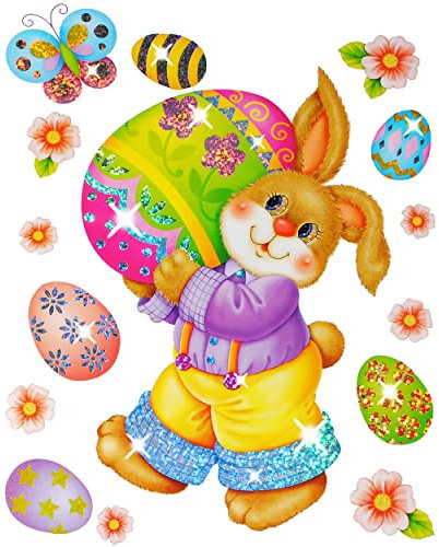 alles-meine.de GmbH 2 versch. Bögen XL Fenstersticker - Osterhase & Frühling - 3-D Glimmer Effekt - statisch haftend - selbstklebend + wiederverwendbar/Osterei & Ostern -..
