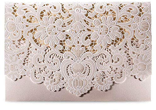 Wishmade 50 x horizontale Laser Cut Hochzeit Einladungen Karten Kits mit Elfenbein hohlen geprägte Flora Gold Pearl Papier Tonkarton begünstigt CW073