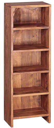 Wohnling CD Regal Massivholz Sheesham Standregal 90 cm hoch CD-Aufbewahrung 5 Fächer Bücherregal dunkel-braun Landhaus-Stil Design Büroregal freistehend 4 Böden 30 cm breit Echt-Holz Natur-Produkt