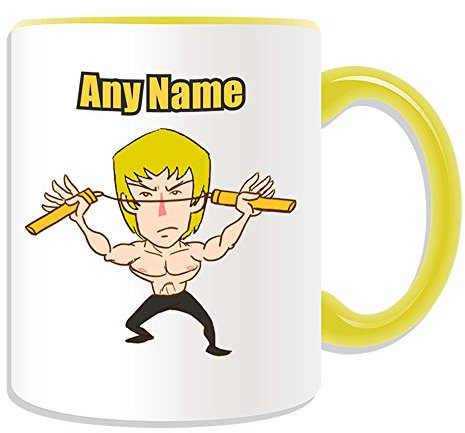 Personalisiertes Geschenk – Nunchaku Tasse Blonde (Martial Arts Design Thema, Farbe Optionen) – alle Nachricht/Name auf Ihre einzigartige – Kung Fu Kungfu Waffe Bruce Lee gelb Haar, keramik, gelb