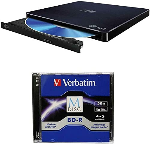 LG 6X WP50NB40 External Portable Blu-ray Burner in Retail Box Bundle with 25GB Verbatim M-Disc BD-R and Cyberlink Burning Software