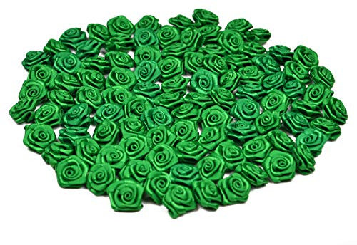 Rosen 15 mm x 100 Stück Satinrosen Aufnäher Deko Blumen Röschen zum Basteln Haarschmuck kleine Rosenköpfe Farbe: grün 580