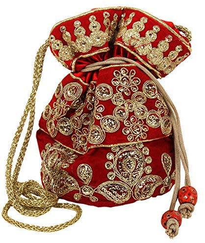 Purpledip Potli Bag (Clutch, Kordelzug-Geldbörse) für Damen mit aufwendigem Goldfaden und Paillettenstickerei, rot, Standard
