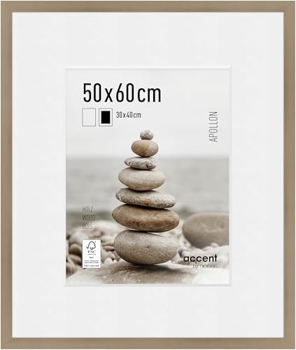 accent by nielsen Bilderrahmen mit Passepartout, 50 x 60 cm, Holz, Silber, Posterrahmen zum Aufhängen im Hoch- & Querformat, Echtglas, Apollon