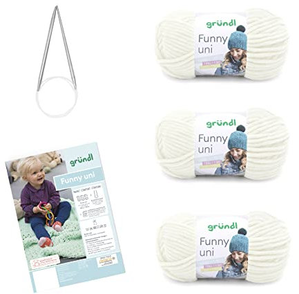 Gründl Wolle Funny uni - weiche Chenille Wolle mit Nadel und Anleitung für eine Babydecke - Kuschelig und hautfreundlich - 100 % Polyester - 3 Knäuel 100 g / 120 m - Nadelstärke 5 - 6, Creme