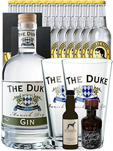 Gin-Set The Duke München Dry BIO Gin 0,7 Liter + Windspiel Dry Gin 0,04 Liter + Filliers Dry Gin 0,05 Liter, 12 x Thomas Henry Tonic Water 0,2 Liter + 2 Schieferuntersetzer quadratisch 9,5 cm + 2 x The Duke Long Drink Glas 0,3 Liter