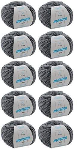 Wolle häkeln - 10 Knäuel Merinowolle steingrau (Fb 304) - graue Wolle häkeln - Merino Garn - 50g/120m + GRATIS MyOma Label - MyOma Wolle - weiche Wolle - Mischwolle stricken