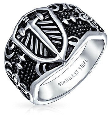 Bling Jewelry Anneau De Bande De Chevalier Religieux Viking Pour Hommes Avec Un Motif De Croix De Fleur De Lis Maltaise Ton Argent Oxydé En Acier Inoxydable