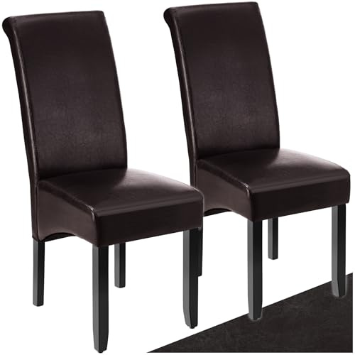 tectake® Set of 2 Dining Chairs with Faux Leather Covers & Solid Hardwood Legs, Dining Chair Set with Ergonomic Design, Padding & High Backrests, Ideal as Desk & Kitchen Chairs - Brown
