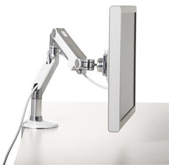 Humanscale M8 Adjustable Articulating Monitor Arm - Two Piece Clamp On Mount with Base - Polished Aluminum with White Trim