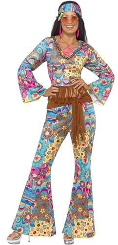 Smiffys Flower Power Hippie Kostüm, Mehrfarbig, mit Oberteil, Hose, Haarband und Gürtel