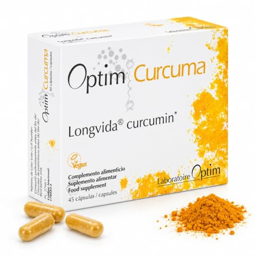 Optim Cúrcuma Longvida Curcumina 45 cápsulas veganas alta concentración | Suplemento de extracto de cúrcuma biodisponible sin pimienta negra, para adultos, confort articular y bienestar diario