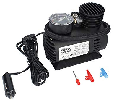 Ferrestock FSKCOM001 Mini compresor de aire con 12V, 250PSI, 20.7 bares, 35L de descarga por minuto y 4 adaptadores para neumáticos de bicicleta, balones y colchonetas