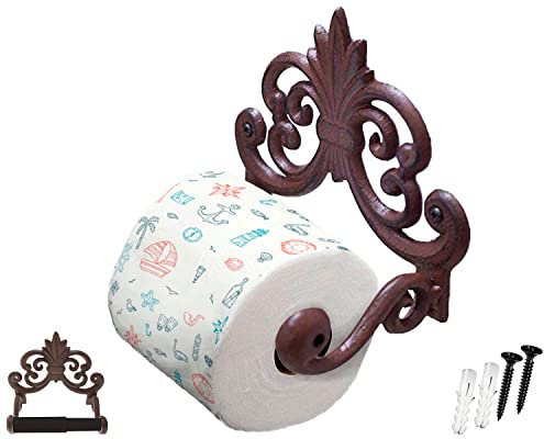 Comfify Fleur De Lis - Porta rotolo di carta igienica in ghisa, montaggio a parete, design vittoriano europeo, 20 x 11 x 16 cm, con viti e tasselli (marrone ruggine)