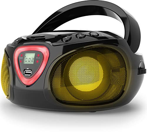 auna Roadie - CD-Radio, Stereoanlage, Boombox, USB, MP3, UKW-Radiotuner, Bluetooth 2.1, LED-Beleuchtung, 2 x 1,5 W RMS-Leistung, Netz- und Batterie-Betrieb, schwarz