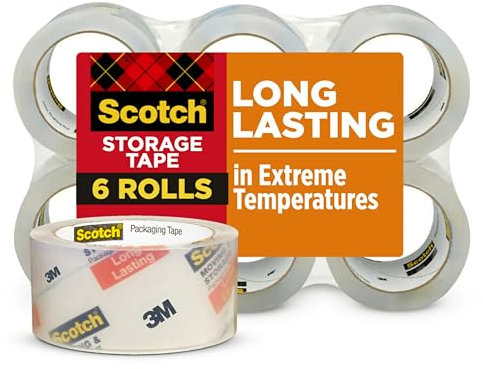 Scotch Ruban adhésif d'emballage de stockage durable, 4,8 cm x 54,6 m, conçu pour le stockage et l'emballage, reste scellé dans des conditions météorologiques extrêmes, noyau de 7,6 cm, transparent, 6 rouleaux (3650-6)