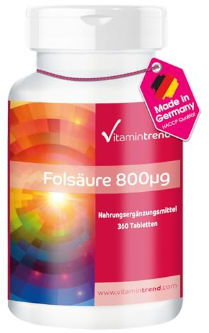 Vitamintrend Folsäure 800µg, 360 Tabletten, schluckfreundlich, Vitamin B9, Nahrungsergänzungsmittel vegan ohne Magnesiumstearat, in Deutschland hergestellt