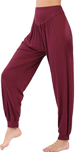 HOEREV Super weiche Modal Spandex Harem Yoga Pilates Hosen, Gr.-Small,Dunkelrot