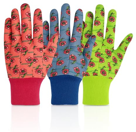 G & F Products JustForKids Garden Gloves, Soft Cotton Kids Work Gloves with Knit Wrist, Breathable & Dirt-Resistant, Assorted Colors Red/Green/Blue, Comfortable Fit, 3 Pairs per Pack for Outdoor Use