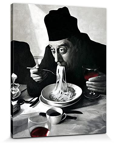 1art1 Kochkunst Poster Spaghetti, Rotwein, Don Camillo Bilder Leinwand-Bild Auf Keilrahmen | XXL-Wandbild Poster Kunstdruck Als Leinwandbild 50x40 cm