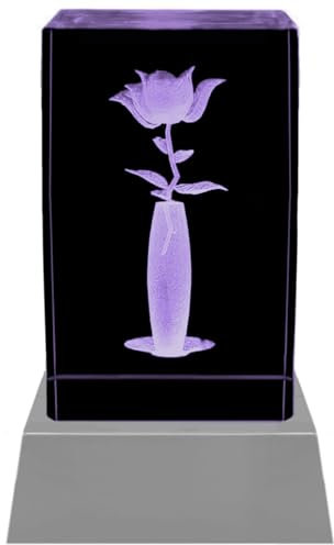 Kaltner Präsente Stimmungslicht - Das perfekte Geschenk: LED Kerze/Kristall Glasblock / 3D-Laser-Gravur/Motiv Rose in Vase