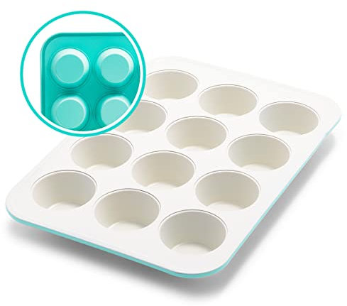GreenLife Plateau de 12 Moules à Muffins et Cupcakes en Antiadhésive Céramique Saine, Sans PFAS, Démoulage Facile, Va au Lave-Vaisselle et au Congélateur, Va au Four jusqu'à 230°C, Turquoise
