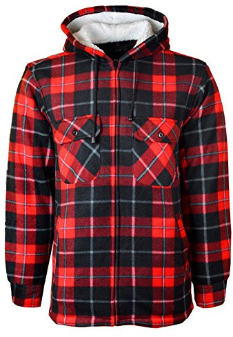 MyShoeStore Mens Padded Shirts Lumberjack Collared Hooded Flannel Check Jacket Thick Quilted Work Wear Warm Thermal Fleece Fur Lined Top Casual Coat (Hooded Red, 2XL)