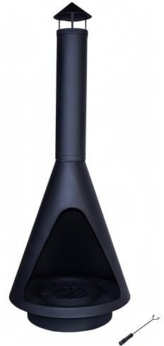 DRULINE- Gartenkamin. 143 cm hoher Grillkamin, aufgebaut als Dreibein Grill mit integrierter Feuerschale. Die Pyramide ist hervorragend als Terrassenofen geeignet.