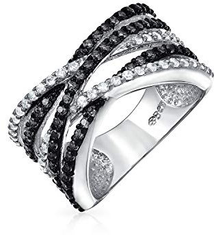 Bling Jewelry Bague de déclaration croisée deux tons noir blanc pavé AAA CZ pour femmes en laiton plaqué argent