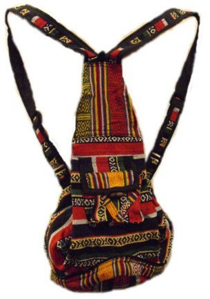 Faltbarer Rucksack/Schultertasche/Kissen, Fairtrade, handgefertigt, Rot und Grün