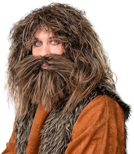Perücke Neandertaler mit Bart, braun meliert