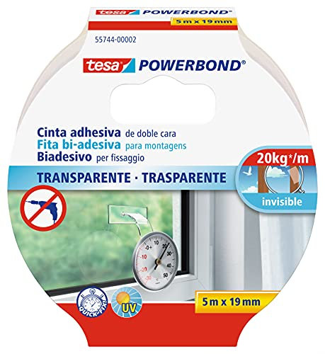 tesa Powerbond TRANSPARENT - Nastro Biadesivo Trasparente - Resistente ai raggi UV, per fissaggio di oggetti in vetro e trasparenti - Regge fino a 2 kg per 10 cm - 5.0 m x 19 mm