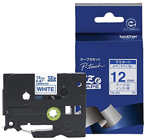 Brother TZe-233 Labelling Tape Cassette, Blue on White, 12mm (W) x 8M (L), Laminated, Brother Genuine Supplies