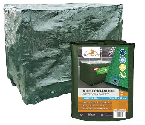 RAINEXO® Gitterbox & Paletten Abdeckhaube | Abdeckplane Grün | 125 x 85 x 98 cm | Wasserdicht, Frost & UV-beständig