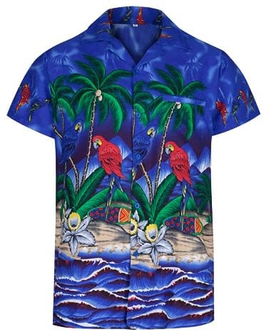 REDSTAR Mens Hawaiian Shirt Short Sleeve Parrot STAG Beach Holiday Bird Fancy Dress Hawaii (XL, Blue)