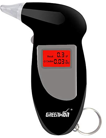 GREENWON Battery Powered Breathalyzer Keychain Digital Alcohol Tester Detector Breath Analyzer Audible Alert Portable with LCD Display and Replacement Mouthpiece Personal Use G/Black…