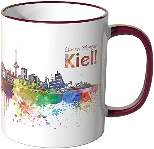 WANDKINGS® Tasse, Schriftzug Guten Morgen Kiel! mit Skyline - Bordeaux